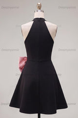 Black & Pink High Neck A-Line Short Homecoming Dress with Bow