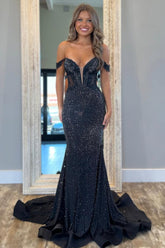 Black Plunging V-Neck Sheer Illusion Sparkle Mermaid Prom Dress Formal Evening Gown