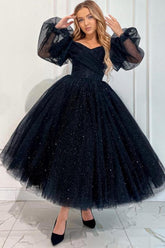 Black Prom Dress A Line Ankle Length Off The Shoulder Formal Dress With Sleeves