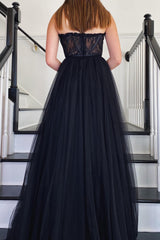 Black Prom Dress A Line Corset Long Evening Dress with Slit