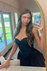 Black Prom Dress A-Line Corset Sweetheart High Low Tiered Homecoming Dress