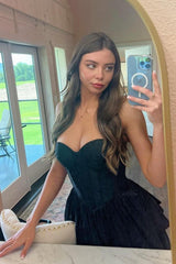 Black Prom Dress A-Line Corset Sweetheart High Low Tiered Homecoming Dress