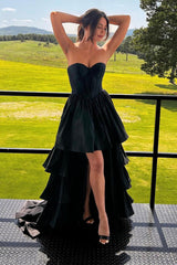 Black Prom Dress A-Line Corset Sweetheart High Low Tiered Homecoming Dress