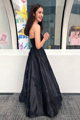 Black Prom Dress A Line Lace Satin Formal Dress