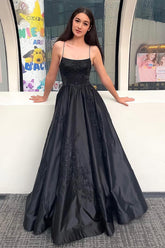 Black Prom Dress A Line Lace Satin Formal Dress