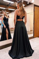 Black Prom Dress A Line Long Evening Dress with Pockets