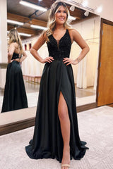 Black Prom Dress A Line Long Evening Dress with Pockets