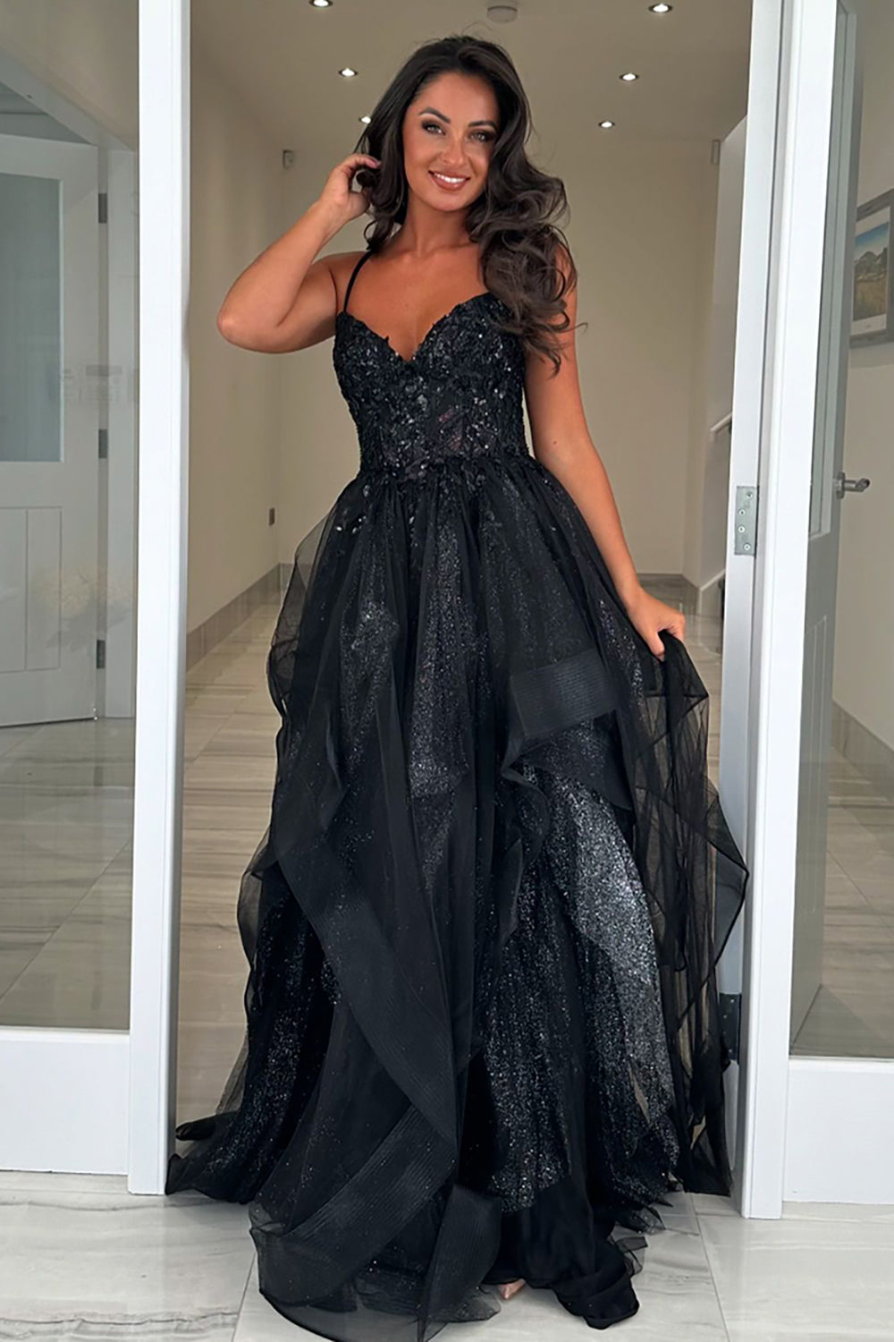 Black Prom Dress A-Line Ruffles Spaghetti Straps Long Formal Dress