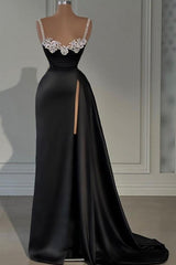 Black Prom Dress A Line Sleeveless Satin Slit Formal Dress With Jewels