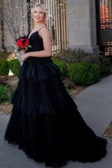 Black Prom Dress A-Line Spaghetti Straps Long Evening Dress