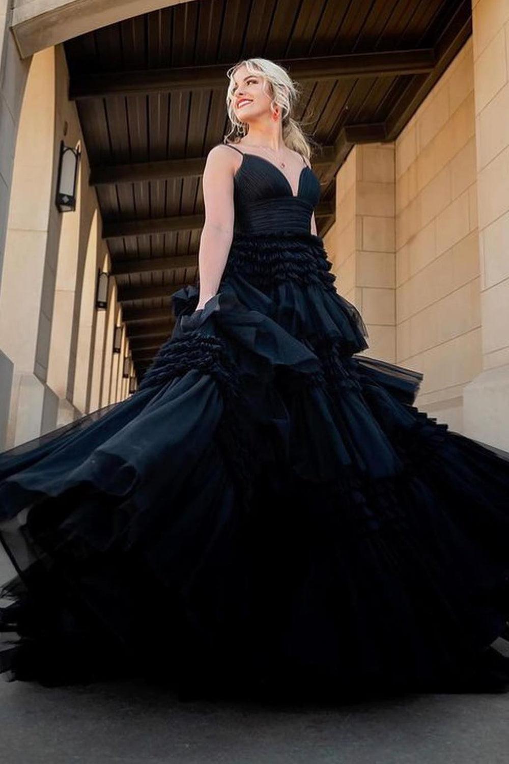 Black Prom Dress A-Line Spaghetti Straps Long Evening Dress