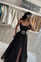 Black Prom Dress A Line Strapless Sleeveless Satin Simple Formal Dress With Sash