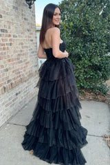 Black Prom Dress A-Line Tiered Sweetheart Long Formal Dress With Slit