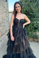 Black Prom Dress A-Line Tiered Sweetheart Long Formal Dress With Slit