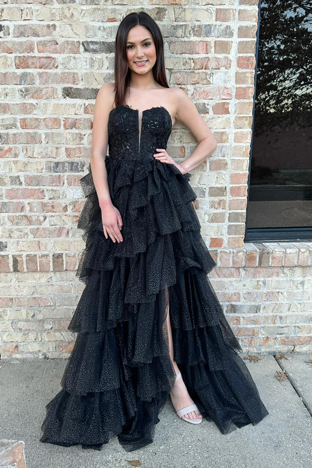 Black Prom Dress A-Line Tiered Sweetheart Long Formal Dress With Slit