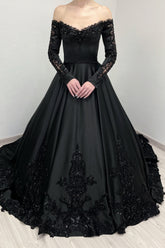Black Prom Dress A Line V Neck Lace Off The Shoulder Sleeves Beading Sequined Cathedral Train Satin Ball Gown Formal Dress