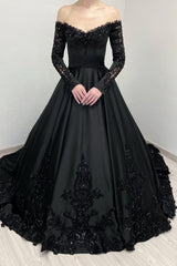 Black Prom Dress A Line V Neck Lace Off The Shoulder Sleeves Beading Sequined Cathedral Train Satin Ball Gown Formal Dress