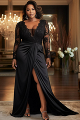 Black Prom Dress A Line V Neck Lace Sleeves Satin Formal Dress With Slit