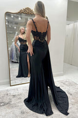 Black Prom Dress Appliqued Corset Side Cape Long Formal Dress With Slit