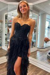 Black Prom Dress Appliques Sweetheart Tulle Evening Dress with Slit