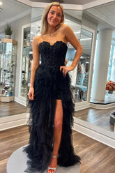 Black Prom Dress Appliques Sweetheart Tulle Evening Dress with Slit