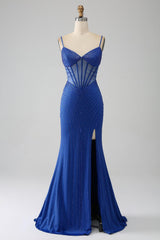 Black Prom Dress Beaded Mermaid Corset Long Evening Dress with Slit