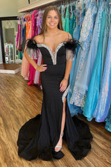Black Prom Dress Beaded Mermaid Off The Shoulder Long Formal Dress With Tassels