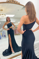 Black Prom Dress Beaded Mermaid One Shoulder Long Formal Dress With Slit