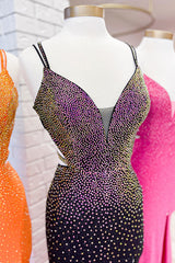 Black Prom Dress Beaded Mermaid Spaghetti Straps Satin Long Formal Dress