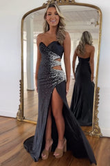 Black Prom Dress Beaded Mermaid Sweetheart Long Formal Dress With Slit