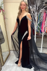 Black Prom Dress Cold Shoulder Cape Mermaid Long Formal Dress With Slit