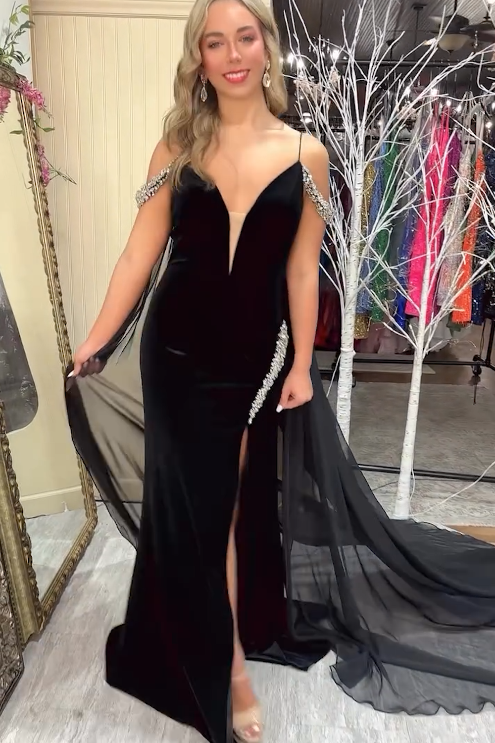 Black Prom Dress Cold Shoulder Cape Mermaid Long Formal Dress With Slit