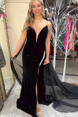 Black Prom Dress Cold Shoulder Cape Mermaid Long Formal Dress With Slit