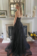 Black Prom Dress Corset A-Line Tulle Long Evening Dress with Lace