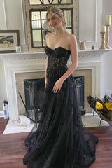 Black Prom Dress Corset A-Line Tulle Long Evening Dress with Lace