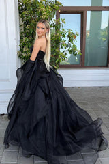 Black Prom Dress Corset Beaded Long Evening Dress with Ruffles