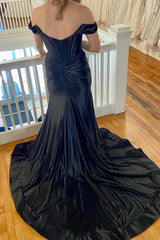 Black Prom Dress Corset Off the Shoulder Long Evening Dress with Slit