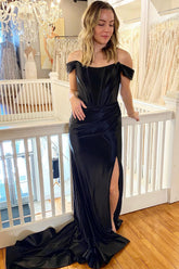 Black Prom Dress Corset Off the Shoulder Long Evening Dress with Slit