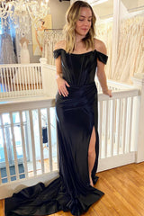 Black Prom Dress Corset Off the Shoulder Long Evening Dress with Slit