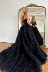 Black Prom Dress Corset Spaghetti Straps Tulle A-Line Long Evening Dress with Slit