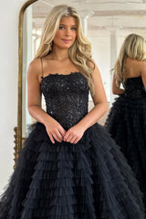 Black Prom Dress Corset Spaghetti Straps Tulle A-Line Long Evening Dress with Slit