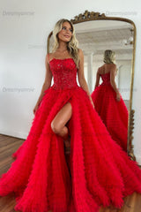 Black Prom Dress Corset Spaghetti Straps Tulle A-Line Long Evening Dress with Slit