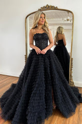 Black Prom Dress Corset Spaghetti Straps Tulle A-Line Long Evening Dress with Slit