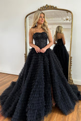 Black Prom Dress Corset Spaghetti Straps Tulle A-Line Long Evening Dress with Slit