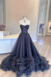 Black Prom Dress Corset Sweetheart Long Evening Dress with Ruffles