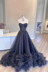 Black Prom Dress Corset Sweetheart Long Evening Dress with Ruffles