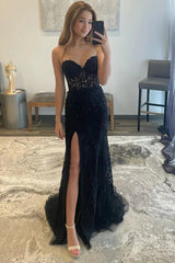 Black Prom Dress Corset Sweetheart Long Lace Mermaid Evening Dress with Slit
