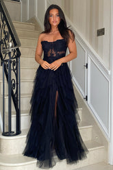 Black Prom Dress Floral A-Line Ruffles Strapless Long Formal Dress With Slit
