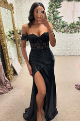 Black Prom Dress Floral Mermaid Ruche Off The Shoulder Long Formal Dress With Slit