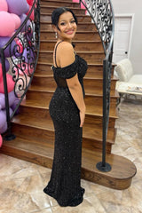 Black Prom Dress Mermaid Cold Shoulder Long Formal Dress With Slit